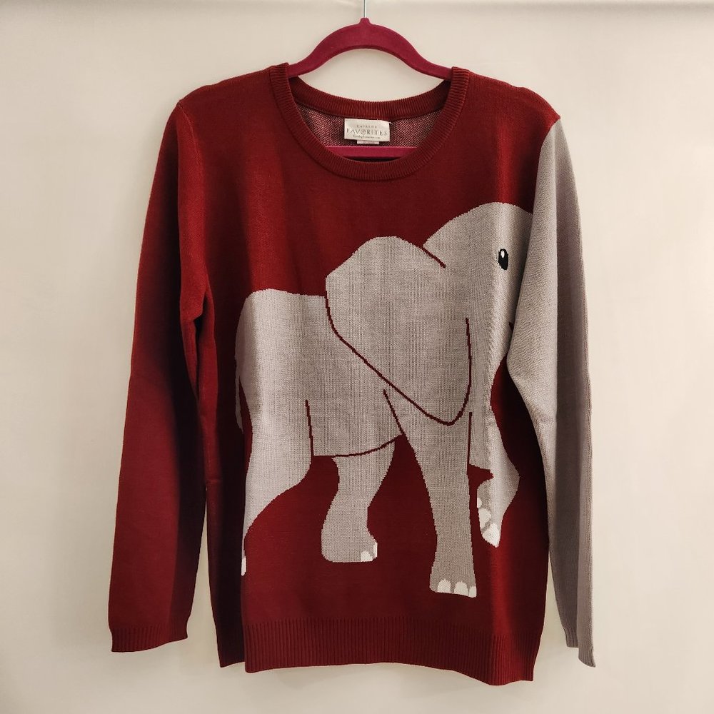 Catalog Favorites Elephant Graphic Maroon and Gray Long Sleeve Sweater.  NWOT